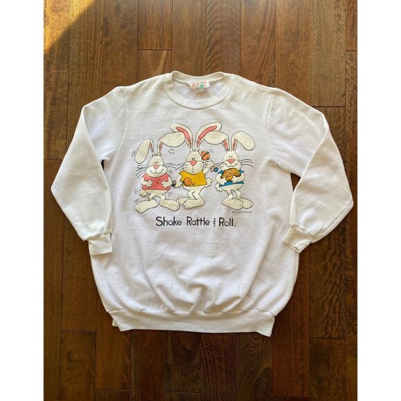 80s vintage white cartoon animal bunny graphic pullover crewneck sweatshirt - Picture 1 of 9
